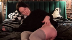 Sexy brunette wearing stockings masturbates webcam