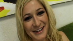 Smoking hot blonde teen with perky little tits gives a POV blowjob