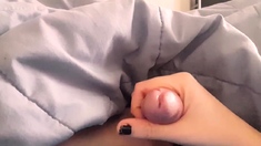 Big tit shemale jerks her long cock