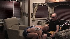 Fat Bald Wrestler Gets His Big Dick Sucked By His Gay Manager