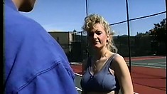 Smoking hot blonde seduces her tennis partner into a naughty session